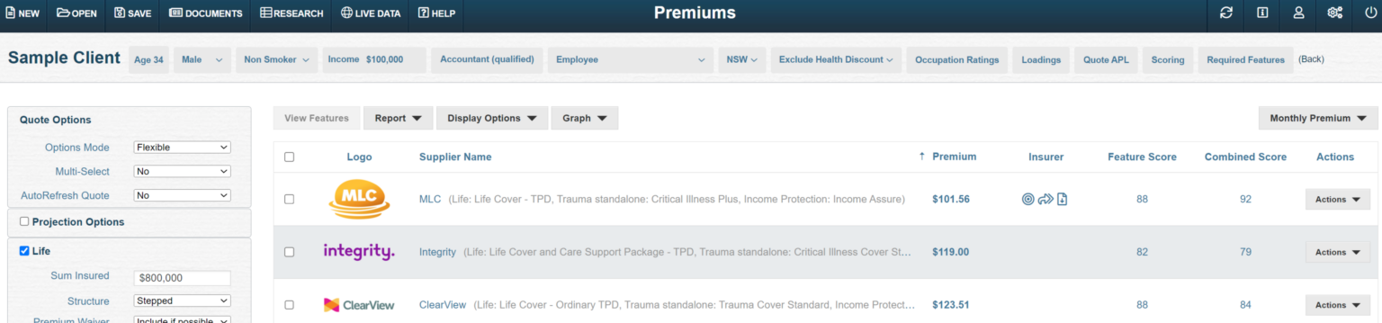life insurance premium comparison software OmniLife screenshot